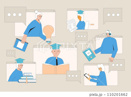 Elderly men and women learning online. Senior aged people education. Older adults students and graduates. Retirement science community. 110201662