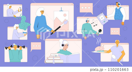 Senior aged people hobby and leisure activities. Older adults spending time together online. Retired lifestyle Senior aged people hobby and leisure activities. Older adults spending time together online. Retired lifestyle 110201663