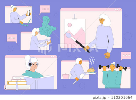 Retired lifestyle with hobby and leisure activities. Senior aged woman spending time together online and share their lifestyle. Retired lifestyle with hobby and leisure activities. Senior aged woman spending time together online and share their lifestyle. 110201664