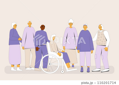 Elderly friends. Group of elderly men and women spend time on retirement. 110201714