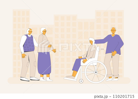 Elderly couples conversation. World senior citizens day. Older adult people standing together. Elderly couples conversation. World senior citizens day. Older adult people standing together. 110201715
