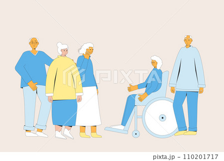 Elder adults friends. Senior aged people standing together and talk. Group of elderly men and women. 110201717