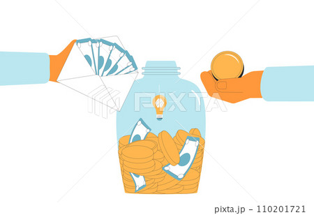 Hands put coins and banknote in moneybox. Savings. Donation event. Fundraising. Collaboration. 110201721