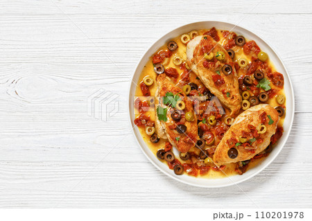 chicken breasts with vegetables, olives, top view chicken breasts with vegetables, olives, top view 110201978