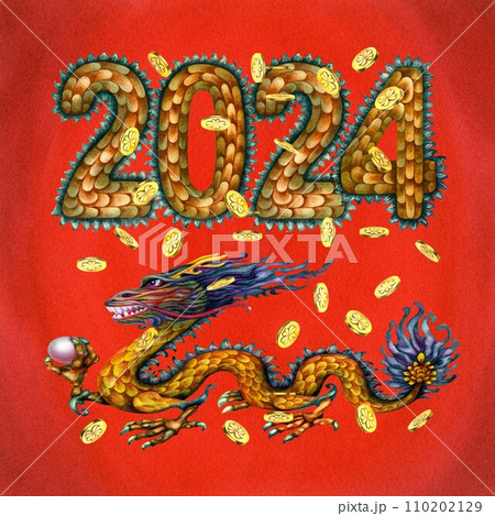 Watercolor green wooden dragon with magic pearl, numbers 2024 with dragon scales texture and gold coins with hand drawn clover. Lunar New Year symbol illustration elements isolated on red background Watercolor green wooden dragon with magic pearl, numbers 2024 with dragon scales texture and gold coins with hand drawn clover. Lunar New Year symbol illustration elements isolated on red background 110202129