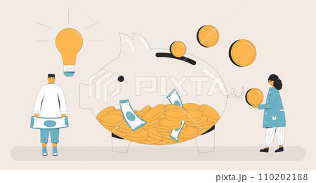 Save money. People standing around piggybank with coins and banknotes. Moneybox. Family budget. Save money. People standing around piggybank with coins and banknotes. Moneybox. Family budget. 110202188