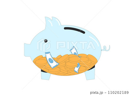 Vector glass piggy bank with coins and banknotes isolated in white background. Save money. Moneybox. 110202189