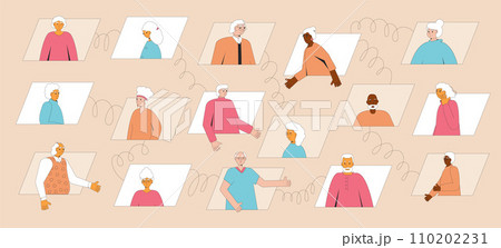 Elderly people communication. Senior aged men and women talking online. Vector illustration Elderly people communication. Senior aged men and women talking online. Vector illustration 110202231