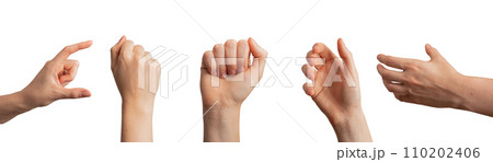 Different hand gesture, sign, symbol set. Holding, grabbing, show quantity, fist isolated on white 110202406