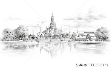 pencil drawing Ayutthaya, an ancient Thai castle pencil drawing Ayutthaya, an ancient Thai castle 110202475