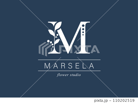 Logo, capital letter M. Monogram of Botanical Minimalistic with natural plant. 110202519