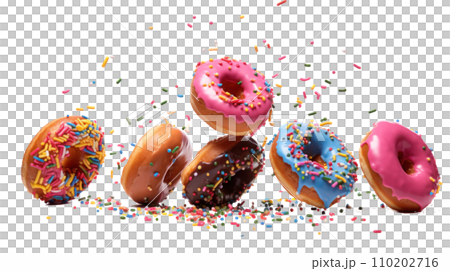 donuts falling in motion isolated on a transparent background 110202716