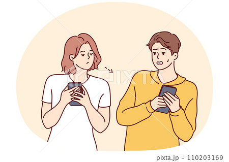 Man hides mobile phone from curious woman peeping and exploding in private space. Vector image Man hides mobile phone from curious woman peeping and exploding in private space. Vector image 110203169