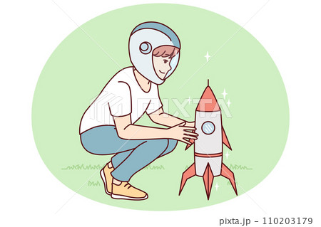 Little boy near toy rocket plays as astronaut, wanting to work in space industry. Vector image 110203179