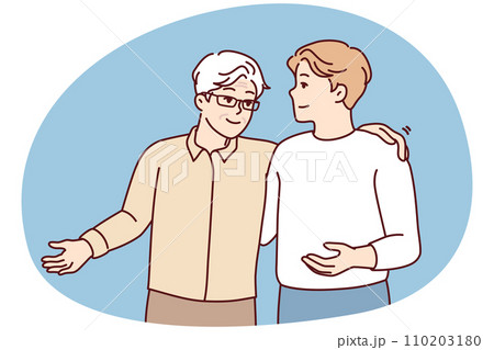 Gray-haired elderly man in glasses and young guy slap each other on back and shoulders. Vector image 110203180