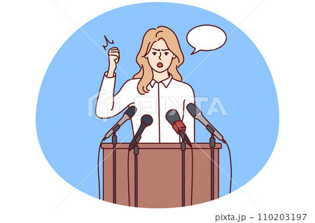 Woman politician speaks stands near wooden tribune with microphones and waving hand. Vector image Woman politician speaks stands near wooden tribune with microphones and waving hand. Vector image 110203197