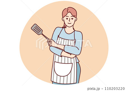 Smiling woman housewife in apron stands with arms crossed with spatula for cooking. Vector image 110203220