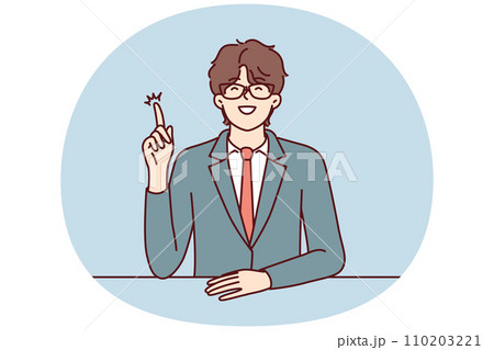 Man in business suit raises hand and wants to speak during meeting with colleagues. Vector image 110203221