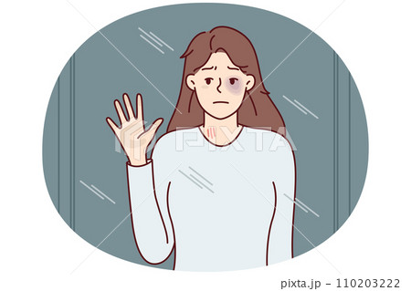 Unhappy woman with black eye from domestic violence looks in mirror. Vector image 110203222