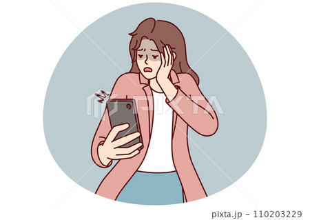 Frightened woman looks into mobile phone after seeing unpleasant sms message. Vector image Frightened woman looks into mobile phone after seeing unpleasant sms message. Vector image 110203229
