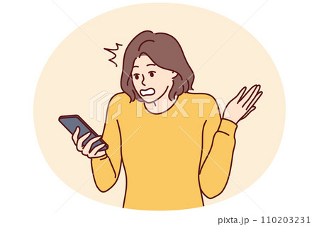 Puzzled woman holding phone and reading unpleasant SMS from bank makes wave of hand. Vector image 110203231