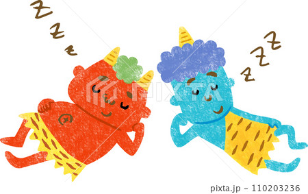 仲良く眠っている赤鬼と青鬼の手描きイラスト 110203236