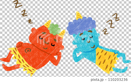 Hand-drawn illustration of a red demon and a blue demon sleeping peacefully Hand-drawn illustration of a red demon and a blue demon sleeping peacefully 110203236