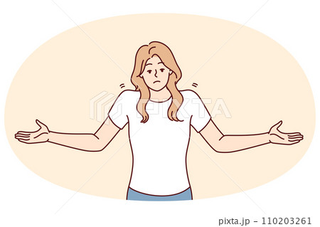 Unsure woman throws up hands demonstrating lack of correct answer to question asked. Vector image 110203261