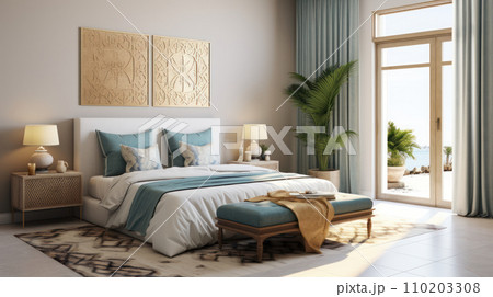 The gold and white bedroom with a bed and lamp, light blue and light indigo 110203308