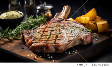 The T-bone steak is medium-rare. There is garlic butter on top as food. 110203468