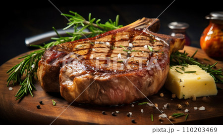 The T-bone steak is medium-rare. There is garlic butter on top as food. The T-bone steak is medium-rare. There is garlic butter on top as food. 110203469