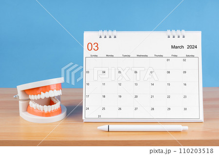 March monthly desk calendar for 2024 year and model dentures on the table. 110203518