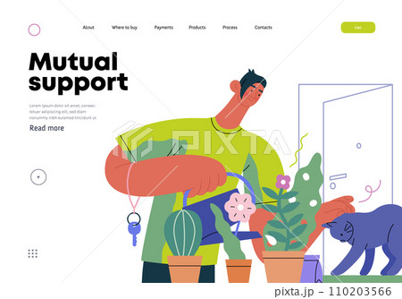 Mutual Support: Look after neighbor's house -modern flat vector concept illustration of man watering plants, looking after neighbors' cat A metaphor of voluntary, collaborative exchanges of services 110203566