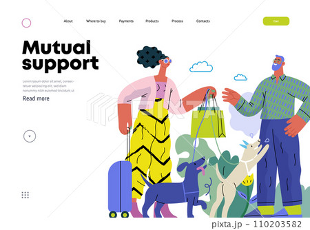 Mutual Support: Pet-sitting -modern flat vector concept illustration of a woman going on vacation leaving her dogs with neighbor. A metaphor of voluntary, collaborative exchanges of resource, services Mutual Support: Pet-sitting -modern flat vector concept illustration of a woman going on vacation leaving her dogs with neighbor. A metaphor of voluntary, collaborative exchanges of resource, services 110203582