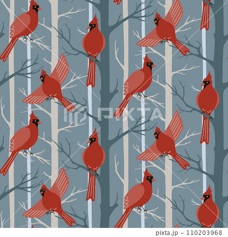 Red cardinal birds seamless pattern. Northern cardinal birds and trees silhouettes on blue background. Winter surface pattern design with flying forest birds for fabrics, wallpaper, wrapping design 110203968