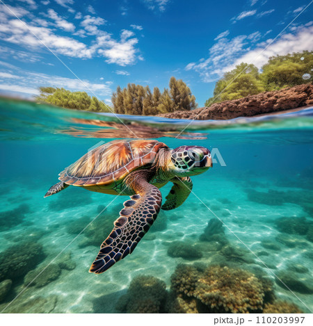 a majestic sea turtle swimming gracefully in the crystal clear waters 110203997