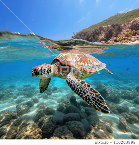 a majestic sea turtle swimming gracefully in the crystal clear waters 110203998