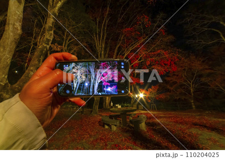 京都・笠置山もみじ公園にてスマホでライトアップされた紅葉を撮影する人 京都・笠置山もみじ公園にてスマホでライトアップされた紅葉を撮影する人 110204025