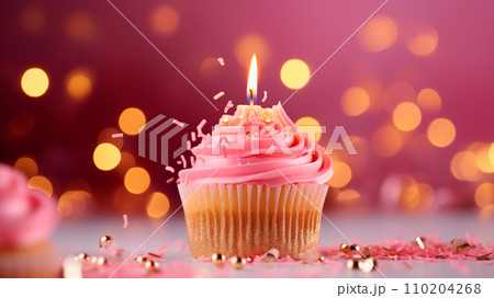 AI-generated content. Composition with tasty birthday cupcake with candle on pink background AI-generated content. Composition with tasty birthday cupcake with candle on pink background 110204268