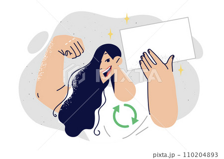 Woman proud of good metabolism in digestive system, showing gesture of strength and blank placard Woman proud of good metabolism in digestive system, showing gesture of strength and blank placard 110204893