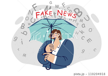Woman trying to escape from fake news by holding umbrella over head to not listen misinformation 110204918