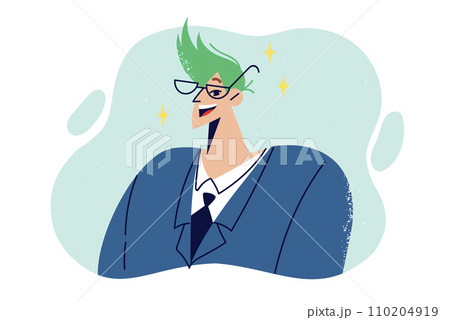 Hipster businessman with green hair and glasses, smiling after visiting barbershop or stylist 110204919