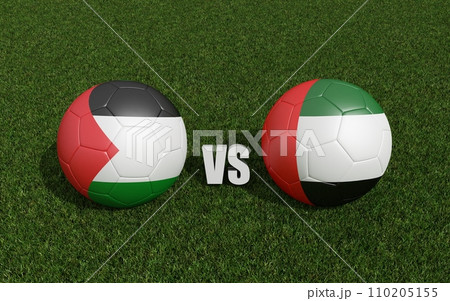 Footballs in flags colors on grass. Palestine with UAE. 2023 asian cup tournament. 3d rendering Footballs in flags colors on grass. Palestine with UAE. 2023 asian cup tournament. 3d rendering 110205155