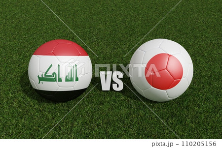 Footballs in flags colors on grass. Iraq with Japan. 2023 asian cup tournament. 3d rendering Footballs in flags colors on grass. Iraq with Japan. 2023 asian cup tournament. 3d rendering 110205156