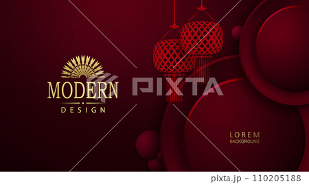 Chinese New Year, texture red illustration with round frame and red lanterns 110205188