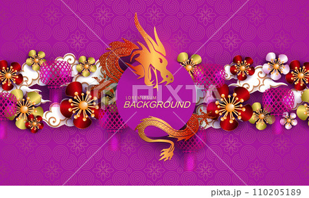 Chinese New Year. Flower garland with balloons and dragon on a purple background Chinese New Year. Flower garland with balloons and dragon on a purple background 110205189