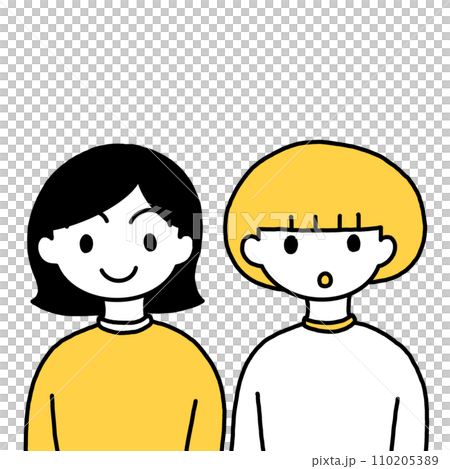 A person with black hair and a person with mushroom hair facing forward (upper body) A person with black hair and a person with mushroom hair facing forward (upper body) 110205389