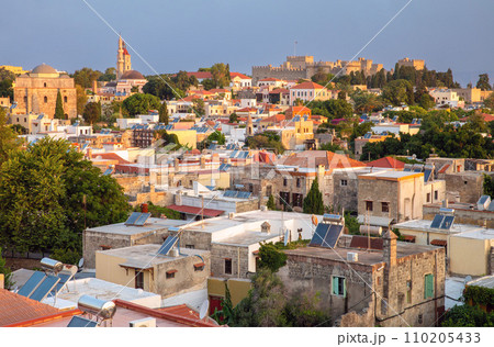 Scenic view of the historical part of Rhodes at dawn. 110205433