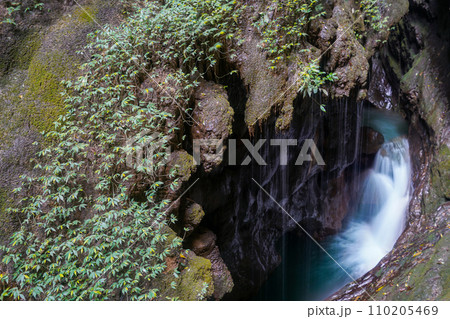Karst terrain features. There are fast streams and small pools in the rock pit. 110205469