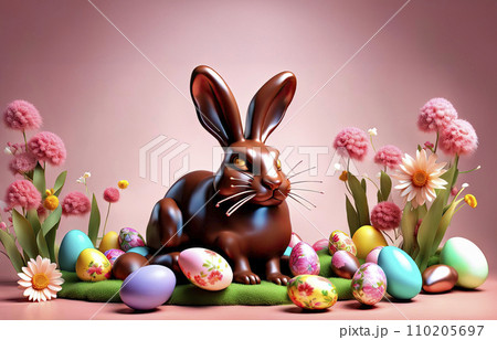 3D Chocolate Easter bunny decorated with spring flowers and color eggs. Easter greeting card 110205697